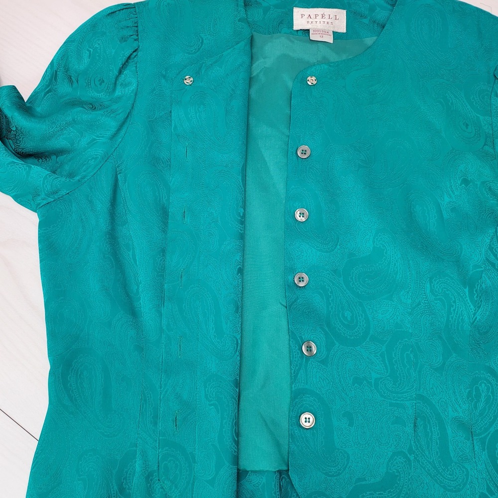 Papell Petites Vintage 100% Silk Teal Paisley Jacquard Skirt Suit Set 12P Luxury - Picture 4 of 16